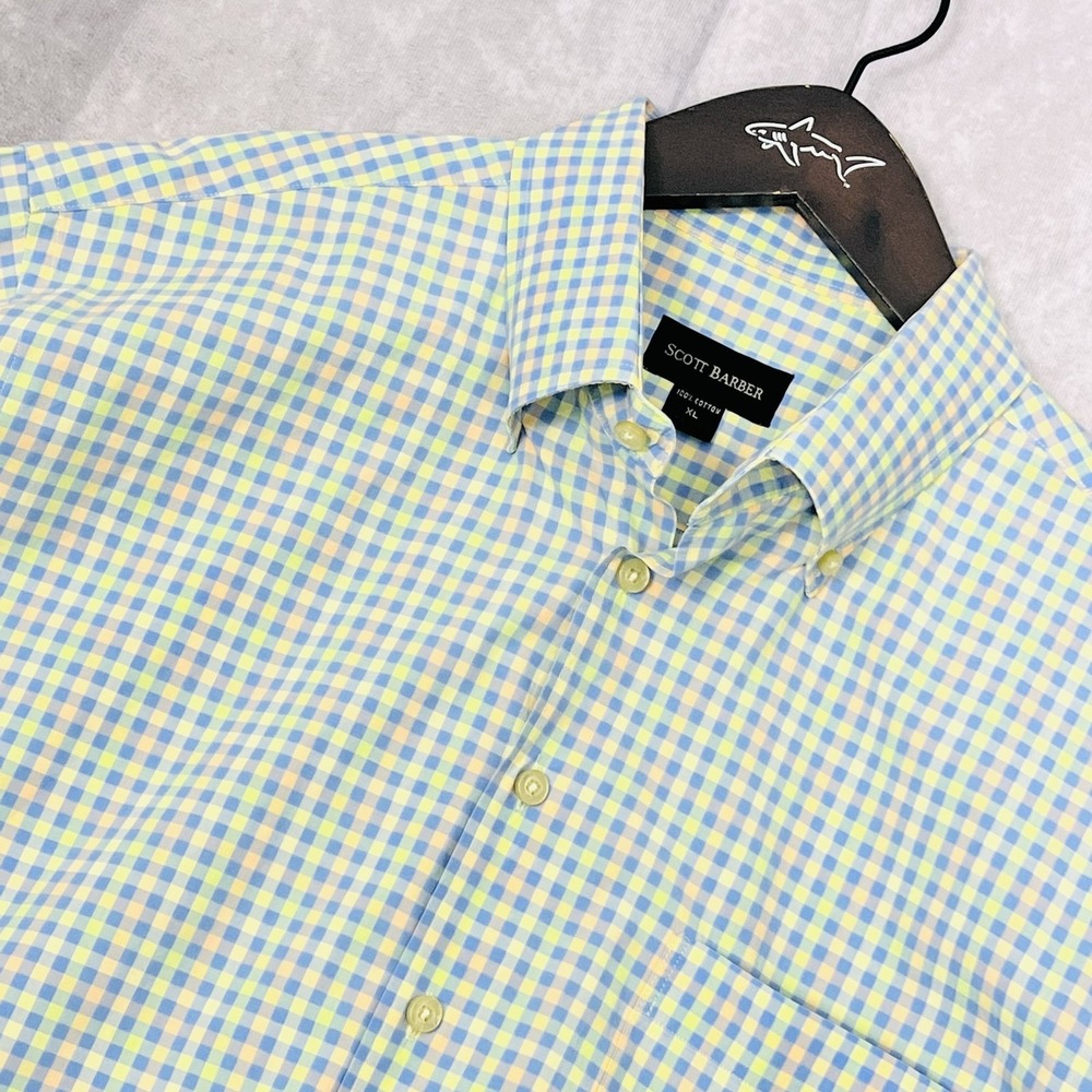 SCOTT BARBER Mens‎ XL 100% Cotton Gingham Button Down Long Sleeve Shirt Spring